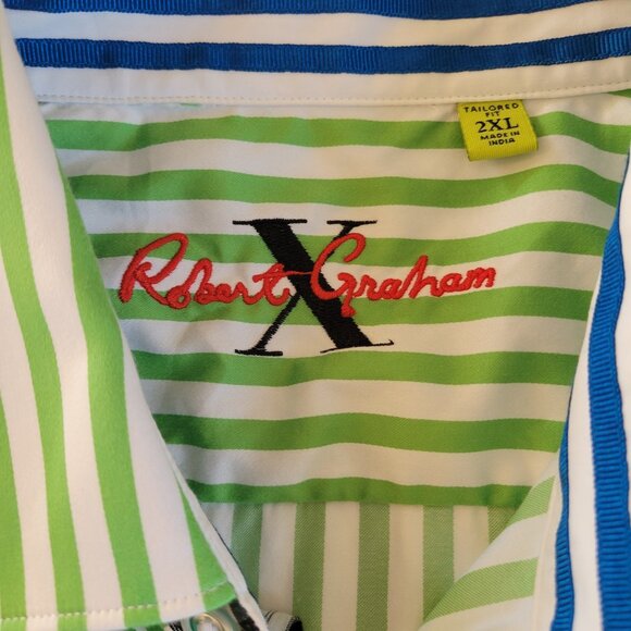 Robert Graham X Shirt Mens 2XL Green Striped Flip Cuff Button Up Cotton - Picture 2 of 9